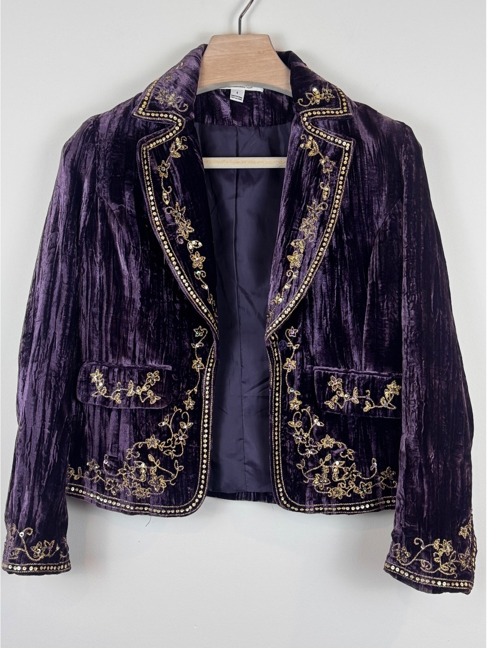 Katherine Barclay Vintage Purple Velvet Gold Embroidered Sequin Blazer Size 4